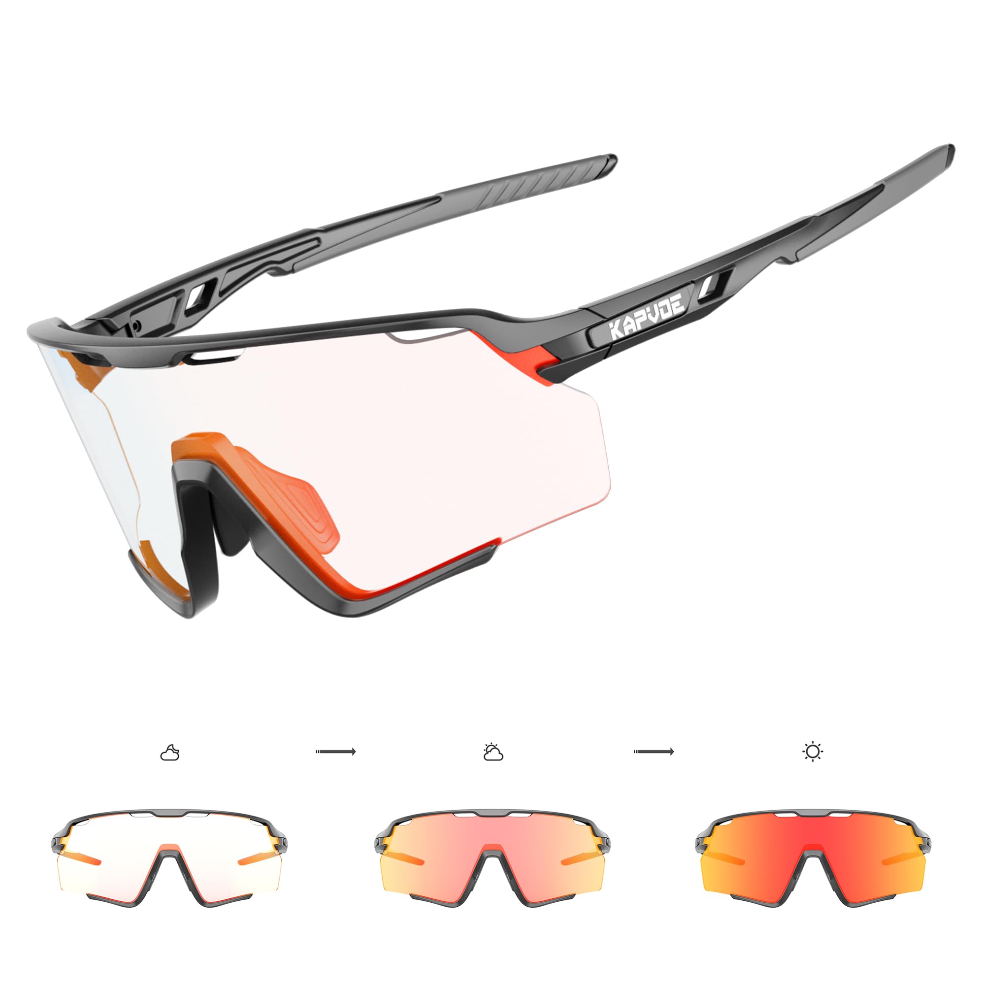 KAPVOE Selbsttönende Fahrradbrille für Herren & Damen - Photochromatische MTB-Brille, klar und sportlich, K170 - Ideal f