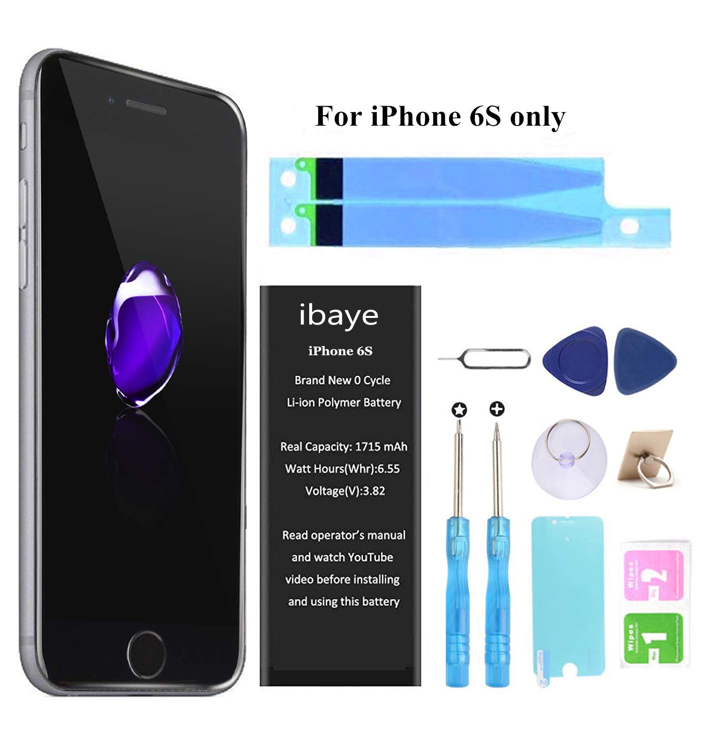 Replacement Battery compatible for iPhone 6S 2200mAh Internal Batteries High Capacity 0 Cycle Li-ion Polymer with Removal Tool Set, Adhesive Strip