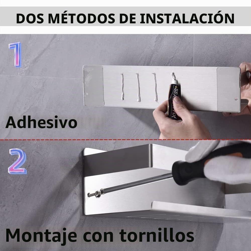 SUS304 - Estante de ducha autoadhesivo, estante para baño sin taladrar, acero inoxidable, adhesivo, cesta de ducha, níquel cepillado, 40 cm