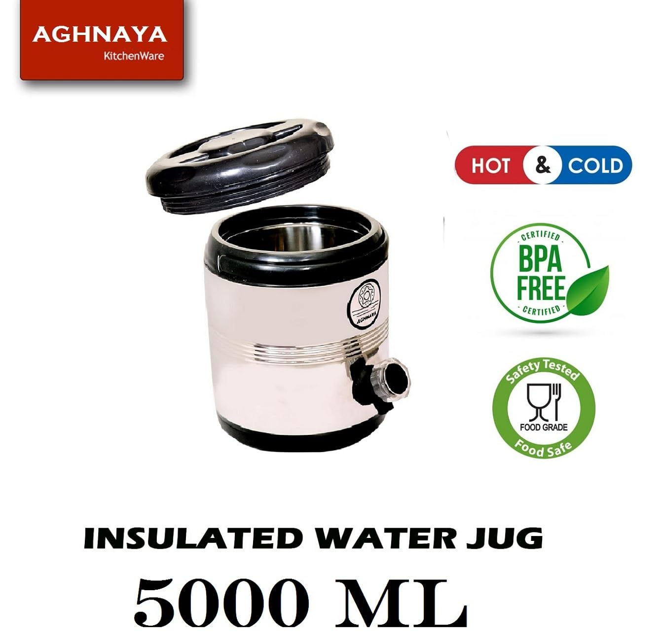 AGHNAYA Stainless Steel Water Jug 5 Liters for Office Home Kitchen I PUF Thermally Insulated I Keeps Beverages Fresh I Easy to use & Maintain I BPA Free I Durable & Sturdy i Hot & Cold Water Dispenser 2