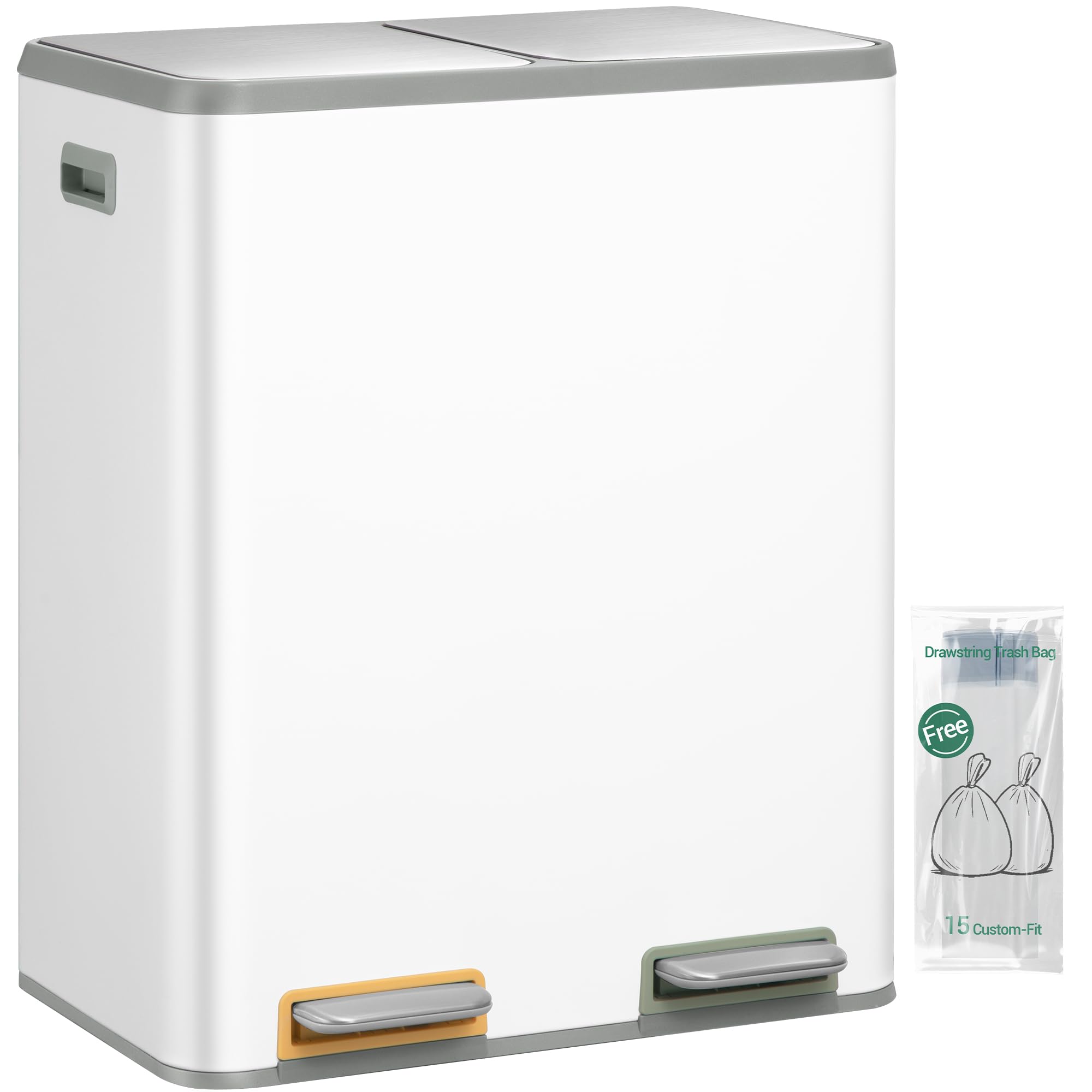 Hzuaneri Mülleimer Küche, Mülltrennsystem 2 Fächer 60L (2 x 30 L), Edelstahl-küchenmülleimer, Tretmülleimer mit Farbcodierbaren Pedalen, Abfalleimer Ruhiger Langsamer Abstieg, Weiß SW23099W