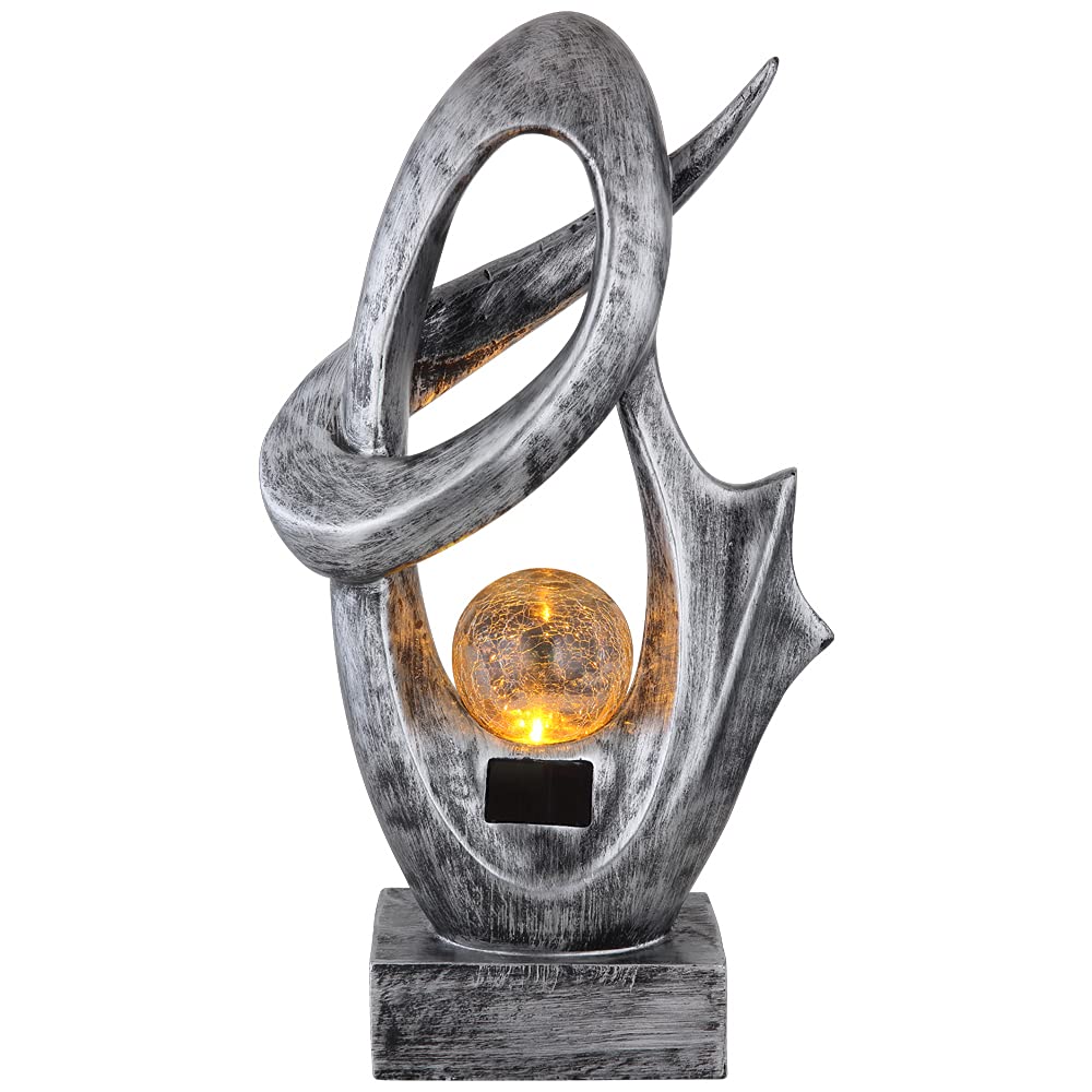 Solarlampe für Außen Garten Deko Terrassen Lampe Außen Boden Solar Lampe Outdoor stehend, mit Feuereffekt, Skulptur silber, Crackle Glaskugel, 1x LED 3000K, BxH 25,5x45 cm