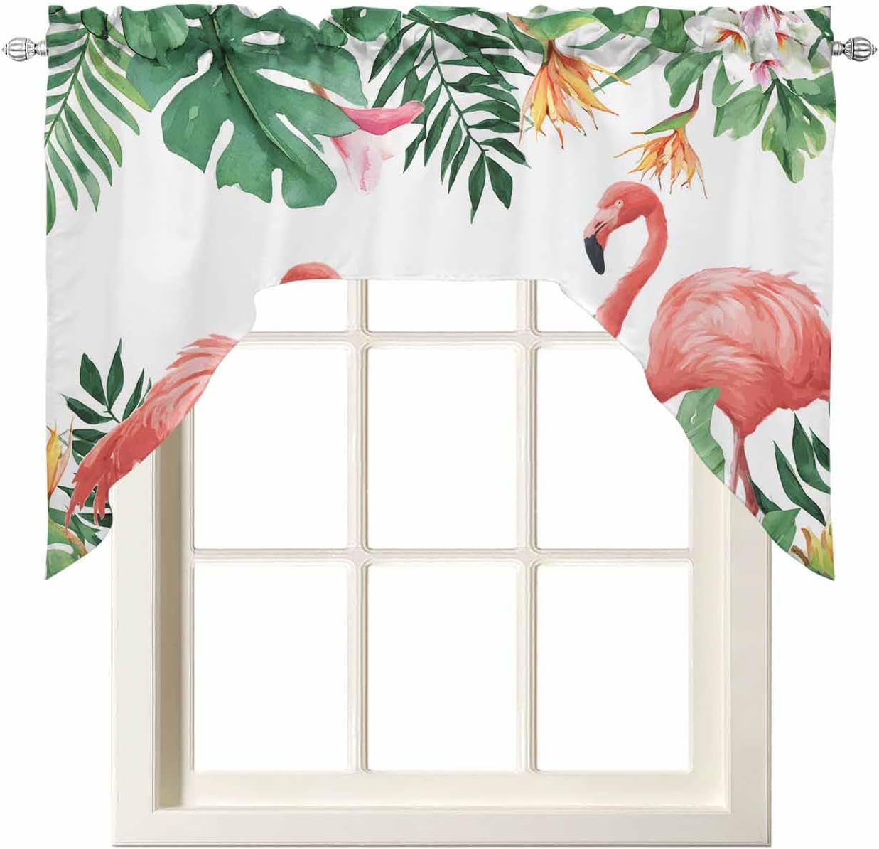 Tropical Kitchen Curtains Swag Valance and Tier Curtains Set 24 Inch Length, Rod Pocket Drape Panels Pair Swag Curtains for Bathroom/Cafe/Window Summer Flamingos Palm Tree Leaves Green Plants