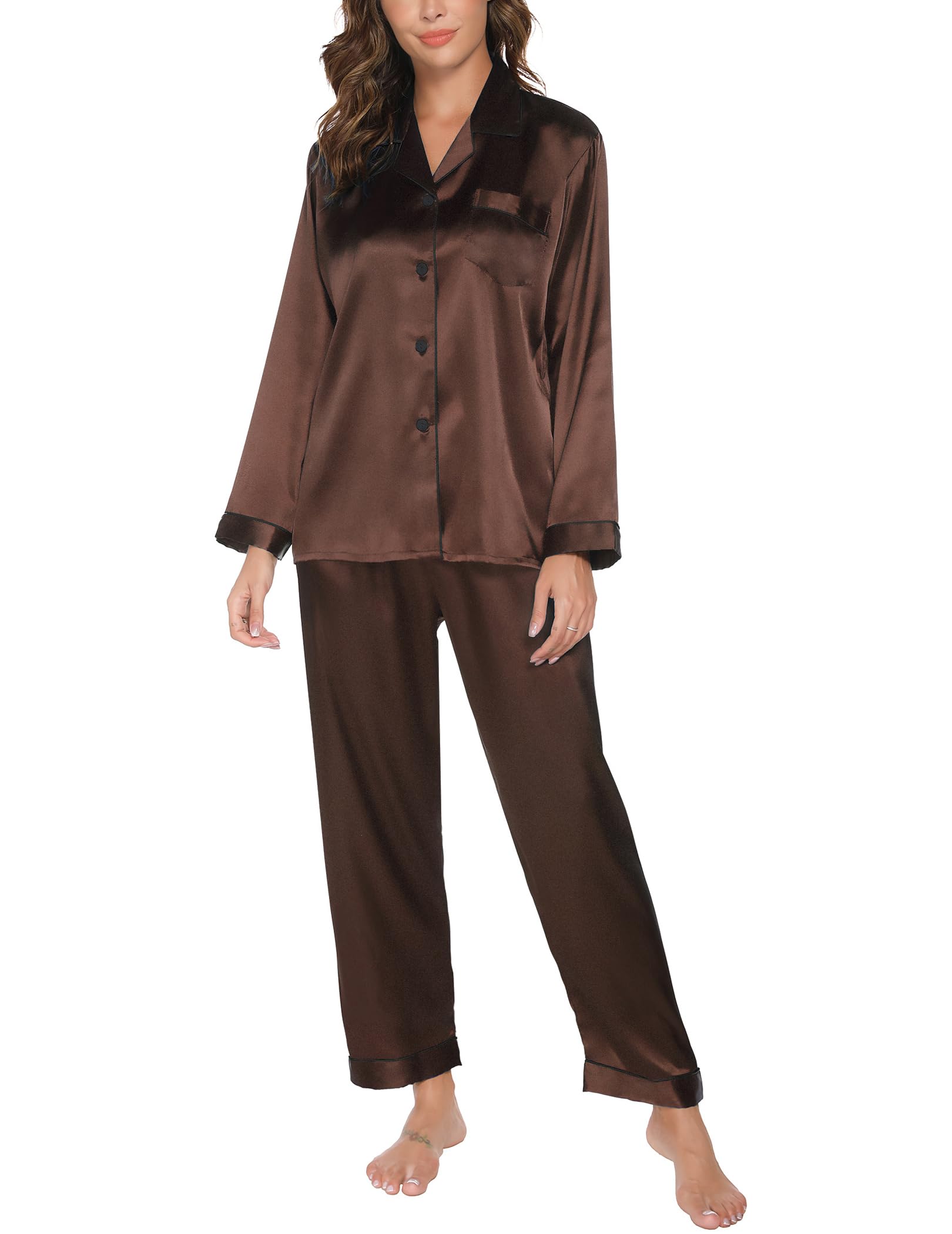 Reliwel Women's Brown Pyjama Sets Silk Satin Long Sleeve Button Down Pyjamas Two Piece Silk Pjs For Sets Sleepwear Loungewear Nightwear For Spring Summer,,M