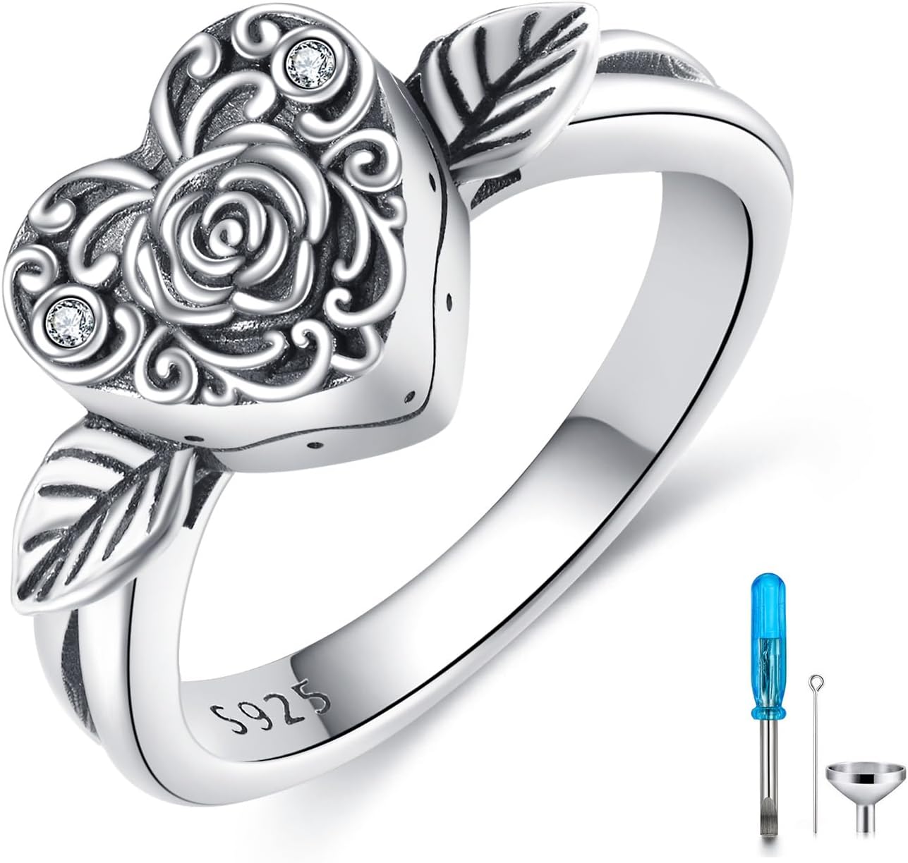 Diamond Rose Flower Cremation Urn Ring for Women 925 Sterling Silver Vintage Leaf Vine Memorial Rings Keepsake Jewelry with Filling Tool for Animal Human Ashes