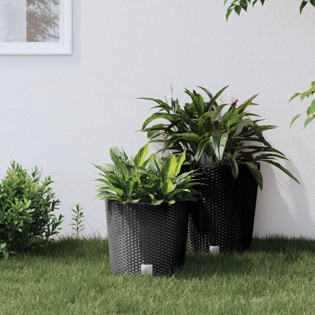 Pflanzkübel mit herausnehmbarem Einsatz Anthrazit 15,3 L PP in Rattan-Optik für Balkon Garten Terrasse Fensterbank, für Blumen Kräuter Gemüse drinnen draußen