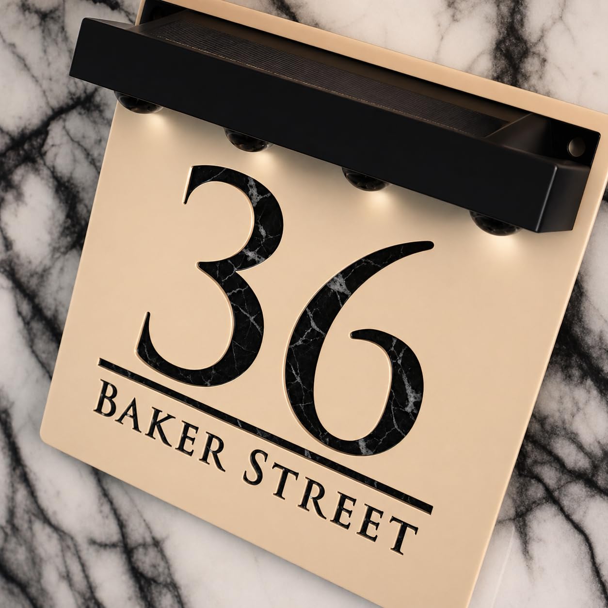 K Smart Sign | Bellissima S1 LED F32 | Square Solar Light House Signs Door Number Plaques With LED Personalised Name Address Sign For Wall With Classic Text (Matt Khaki & Black Marble)