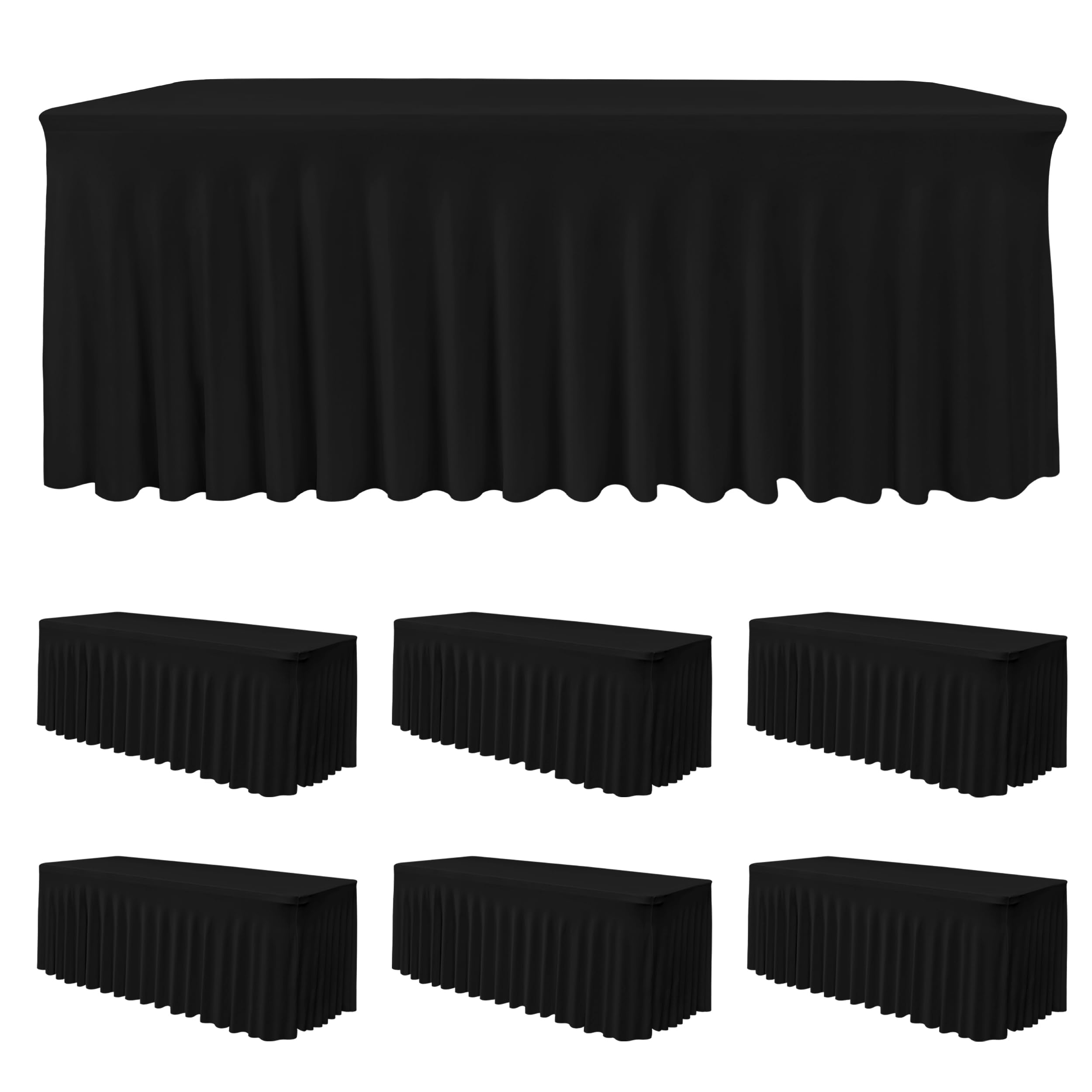 6 Pack Black Spandex Table Covers 6ft Rectangle Ruffle Skirts for Party