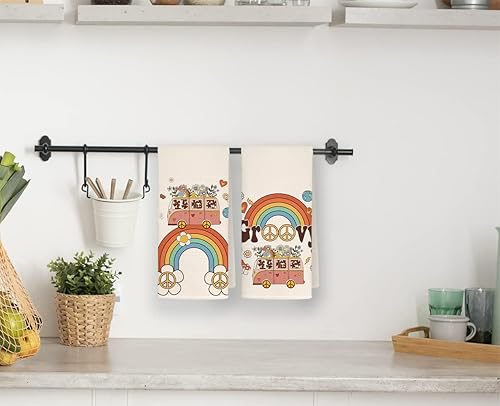 Miniatura 2 de QODUNG Groovy Retro Bus Peace Sign Daisy Rainbow - Juego de 2 paños de cocina suaves de 16 x 24 pulgadas, juego de 2 paños de secado Groovy para