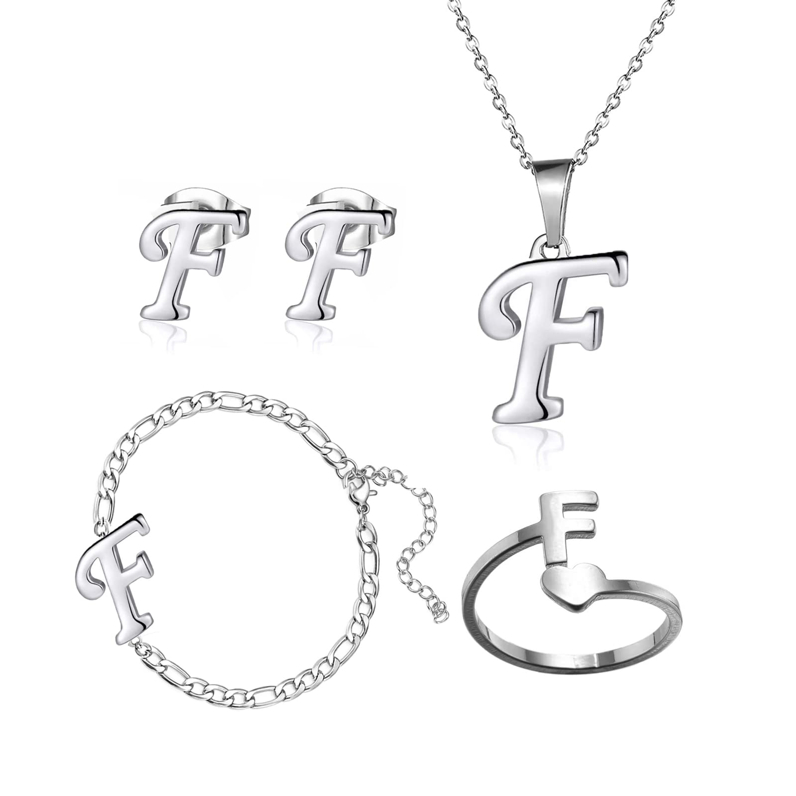 WZGWDC 4er-Pack Edelstahl-Schmucksets mit Initialen für Damen, Silberringe, Armbänder, Ohrringe, Anhänger, Großbuchstaben, Halsreif, Kette, Ohrstecker, Schmuck, Geschenk für Teenager-Mädchen,