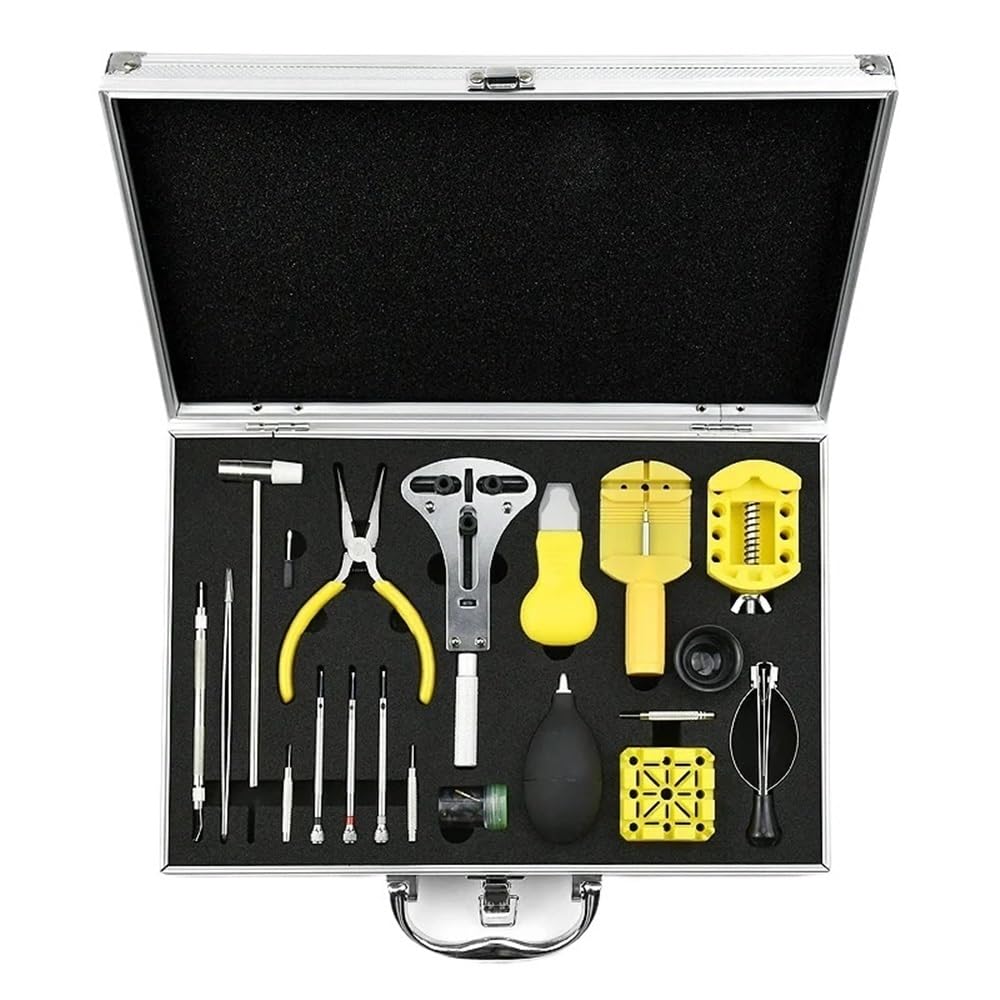Professionelles Komplettset für Uhrenreparaturen – Aluminiumlegierungsbox für mechanische und Quarzuhren (gelb)
