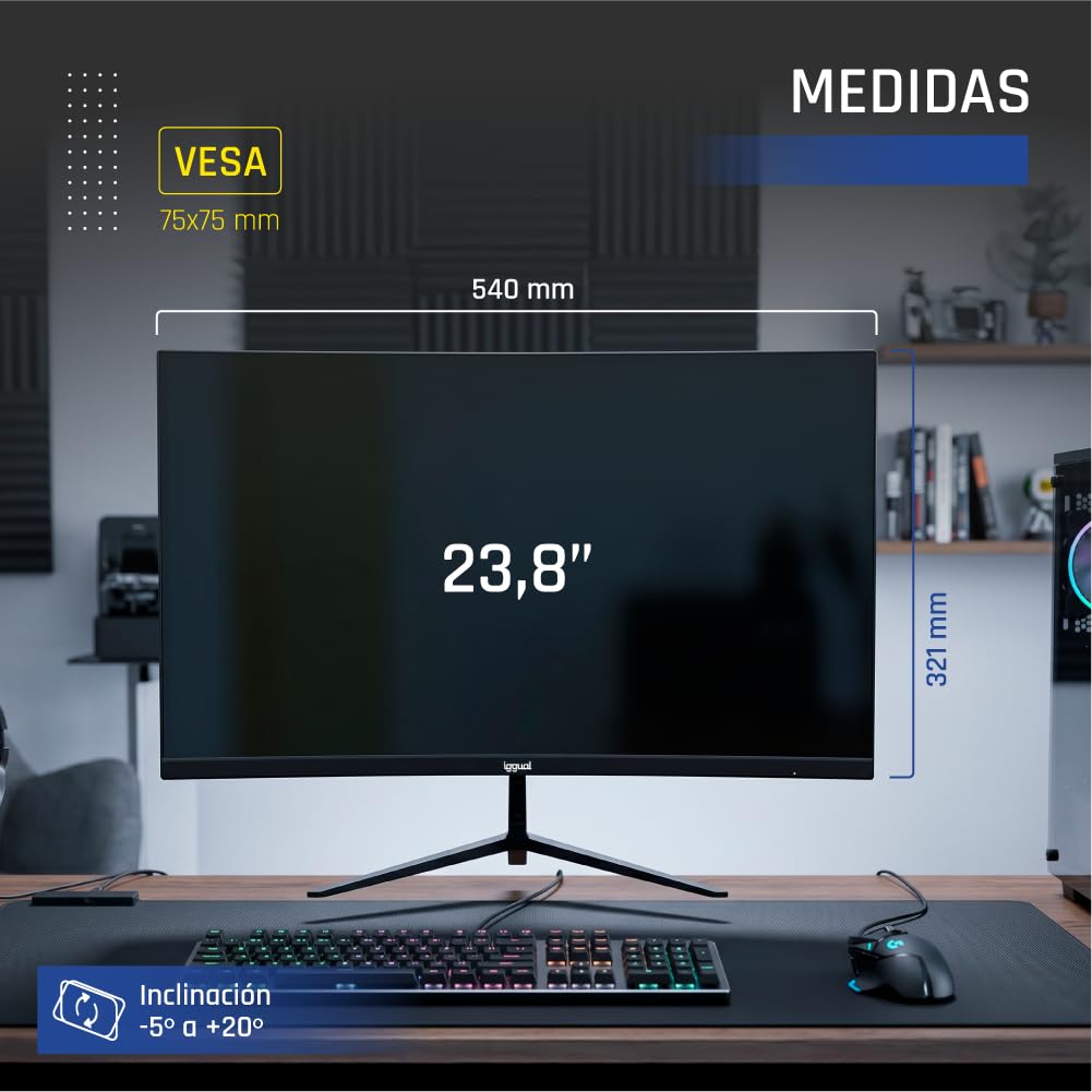 iggual Monitor Profesional 23,8” con Altavoces Integrados- Panel IPS(1920x1080)@120Hz (FHD)-Respuesta 1ms- Pantalla Frameless 99% sRGB-Conexiones: VGA y HDMI-Flicker Free-Compatible VESA -Negro