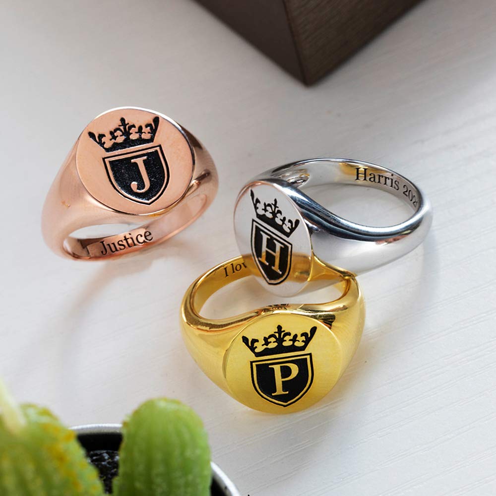 Anello con sigillo personalizzato con pietra portafortuna, rame placcato oro 14 carati, argento sterling 925, incisione a lettere, anello per la festa del papà