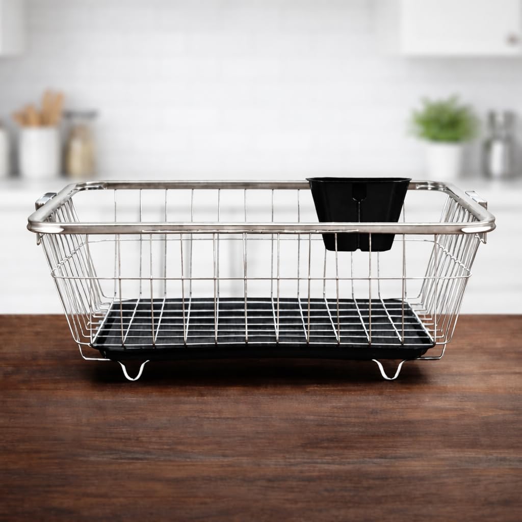 Stainless Steel Kitchen Rack 17x22 Inch | Utensils Drying Rack & Dish Drying Rack with Drain Tray | Bartan Steel Rack | Plate Holder for Kitchen Cabinet | Vessel Drainer Basket & Utensil Holder NHSP