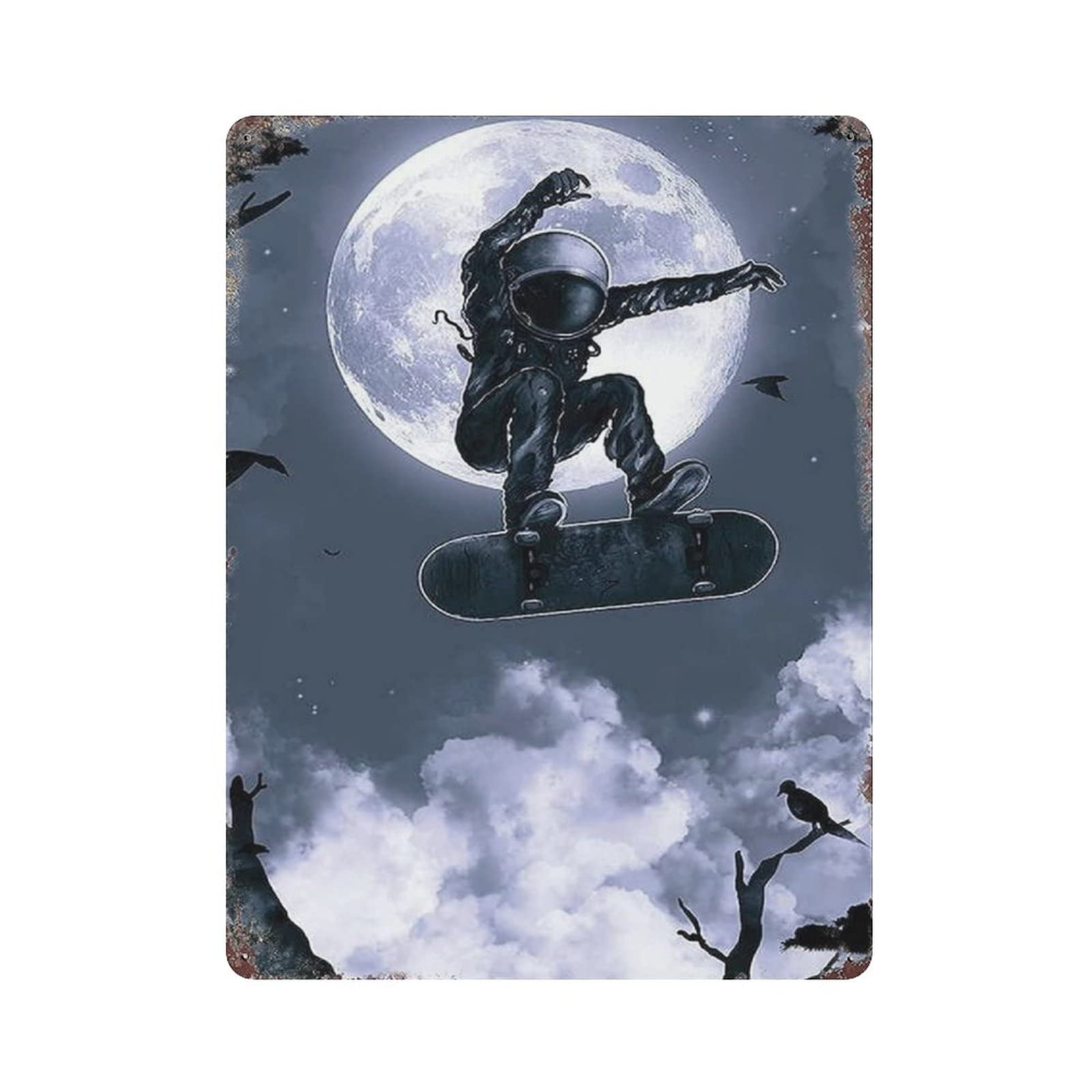 Space Skateboard Tin Sign Metal Plaque Art Hanging Iron Painting Retro Home Kitchen Garden Garage Wall Decor 16"x12"