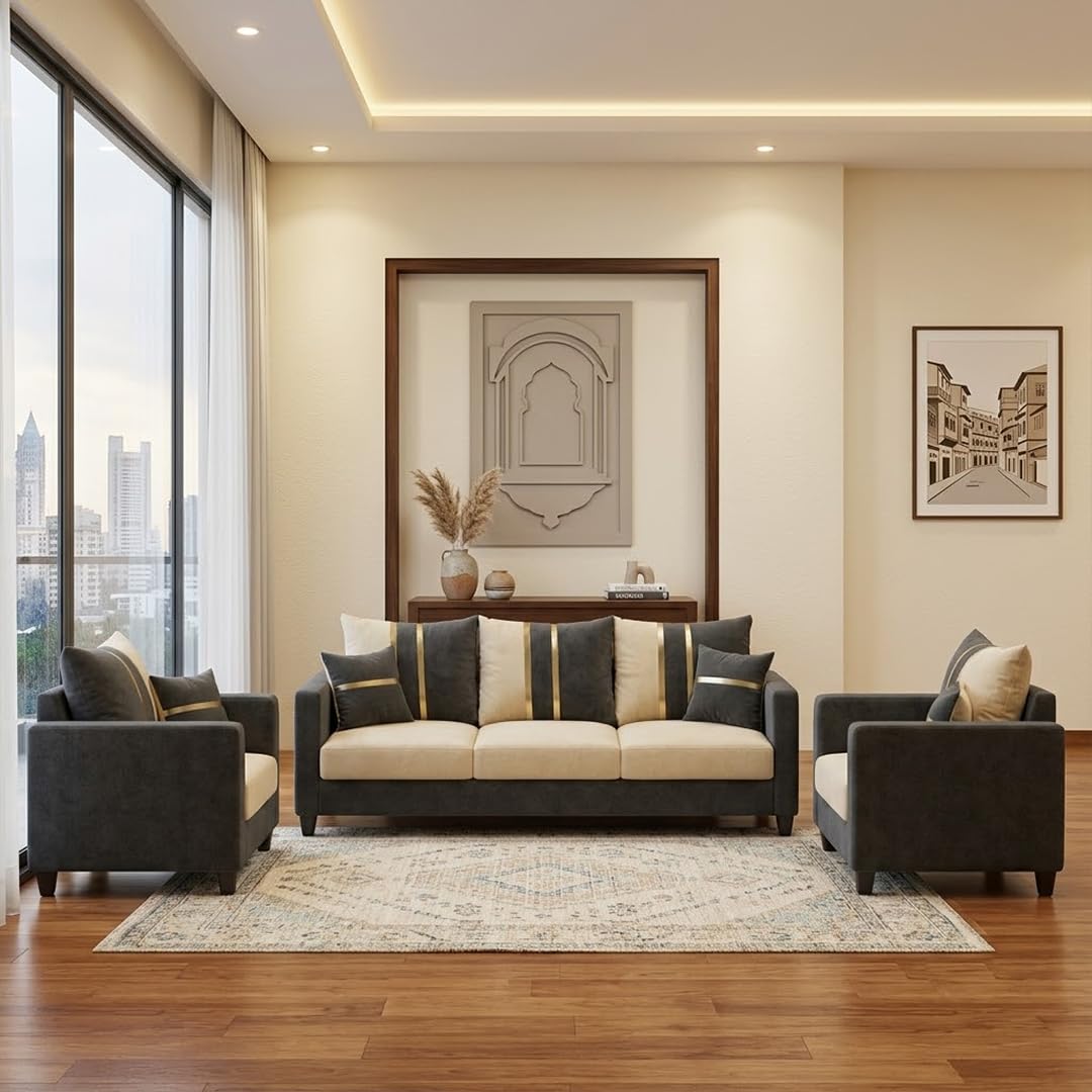 Jester Plush Comfort Sofa Set | 3 Seater + 1 Seater + 1 Seater | Luxury Velvet Suede Fabric | Modern Living Room Sofa | Dark Gray - Cream-image-17