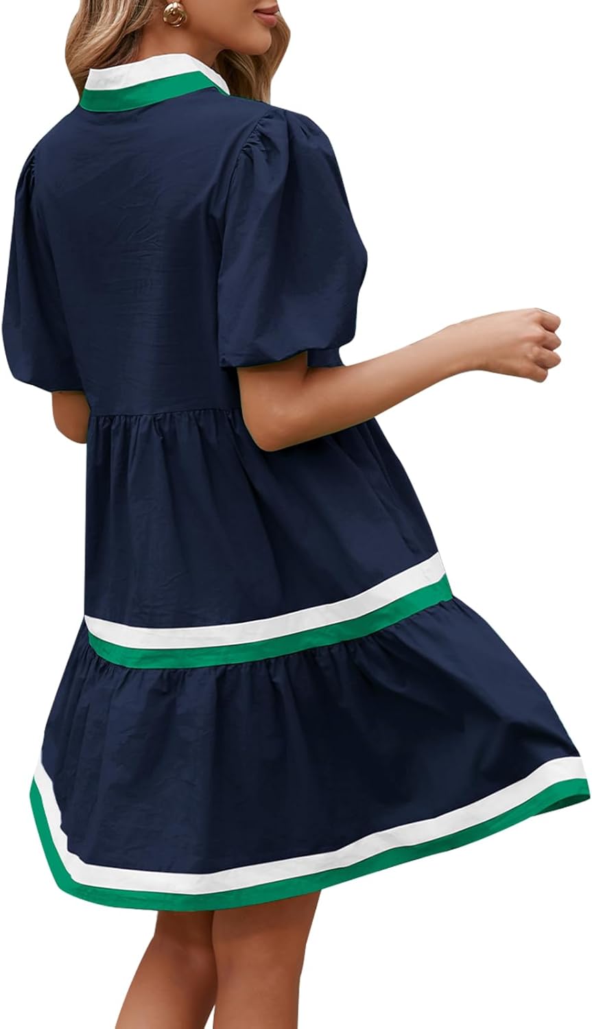 LifeShe Womens Puff Sleeve Babydoll Dress V Neck Navy Blue Striped Color Block Tiered Mini Dresses - Image 3