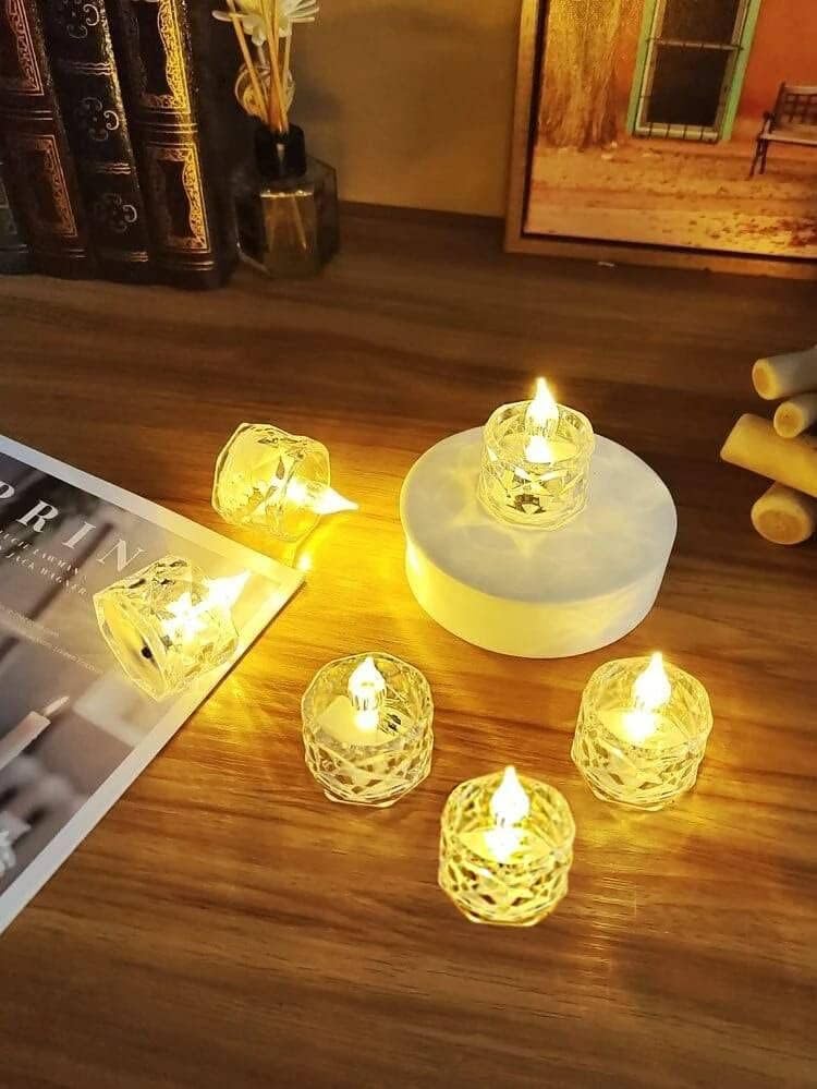 Image of Desidiya Flameless LED Tea Light Candles: Set of 6 Transparent Acrylic Decorative Candles | Smokeless | Perfect for Christmas, Festivals | Vibrant Yellow Glow