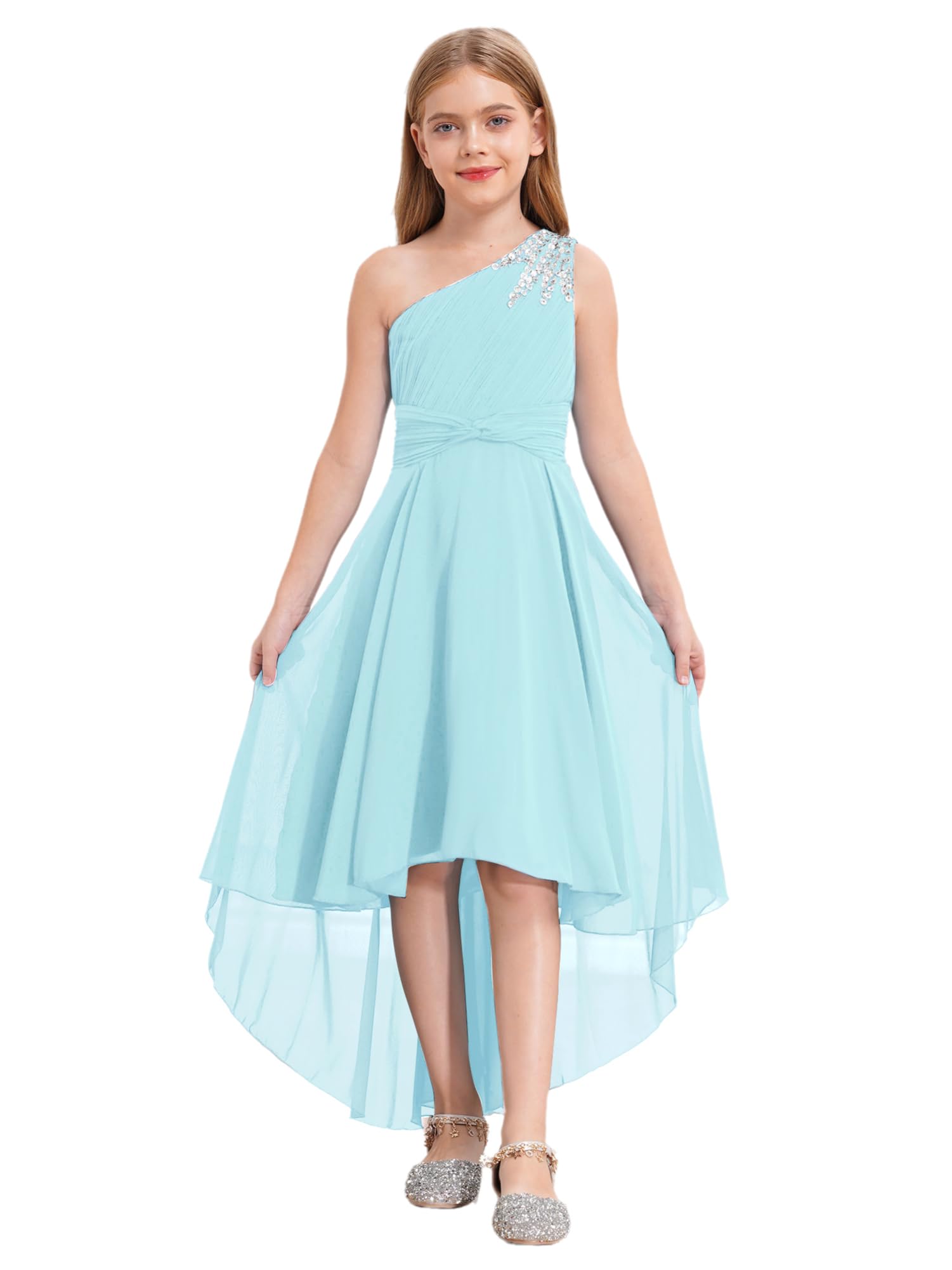IEFIEL Robe de Mariage d'honneur Enfant Fille Une Épaule Robe de Princesse Cérémonie Plissée Robes Bustier Soirée Cocktail A Volante Dos Nu