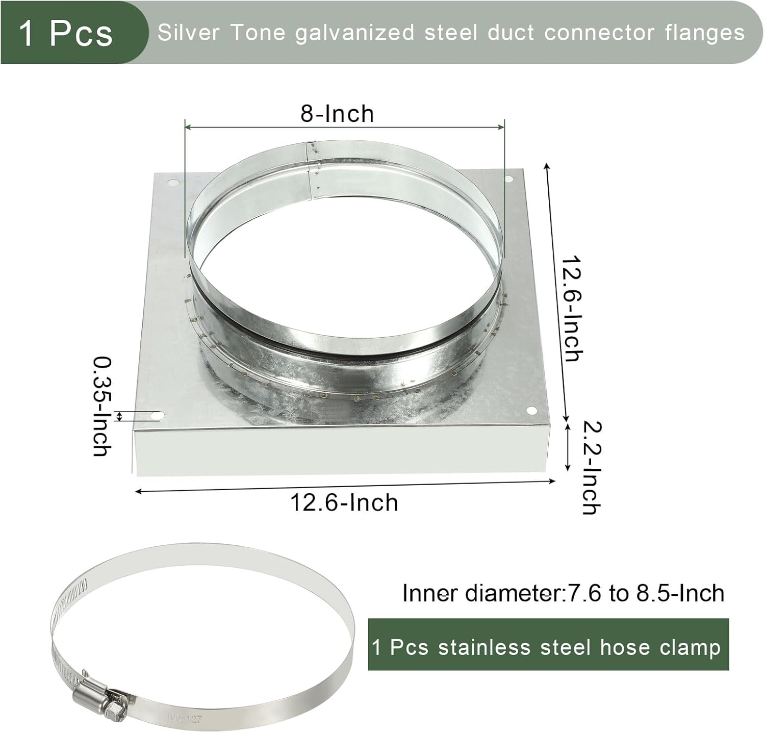 YOKIVE Duct Connector Flange, Galvanized Steel Air Ducting Mounting Plate with Rubber Gasket Hose Clamp, Great for Heating Cooling Ventilation HVAC Exhaust Fan System(8 Inch,Silver Tone)