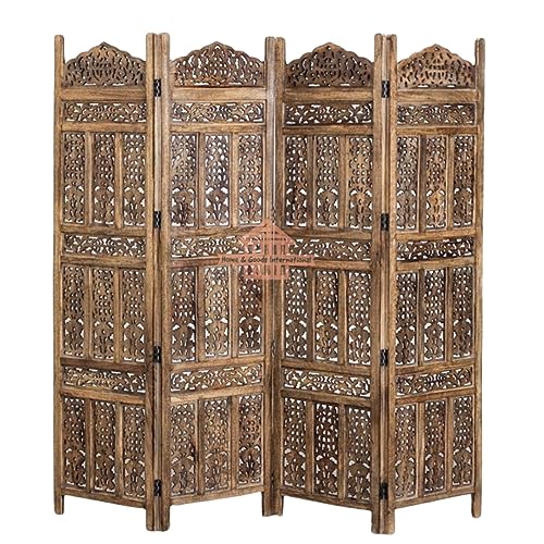Image of Home & Goods International Wooden Room Divider Partition - Foldable Wood Screen Separator for Living Room, Bedroom, Office, Restaurant || Kangra Badrun, Brown - 4 Panel