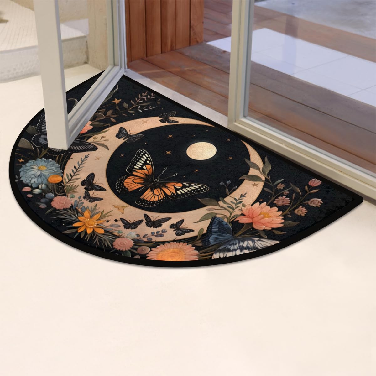 DXTKWL Retro Gothic Butterfly Half Round Door Mat Indoor Entrance, Moon Flower Non DXTKWL Retro Gothic Butterfly Half Round Door Mat Indoor Entrance, Moon Flower Non