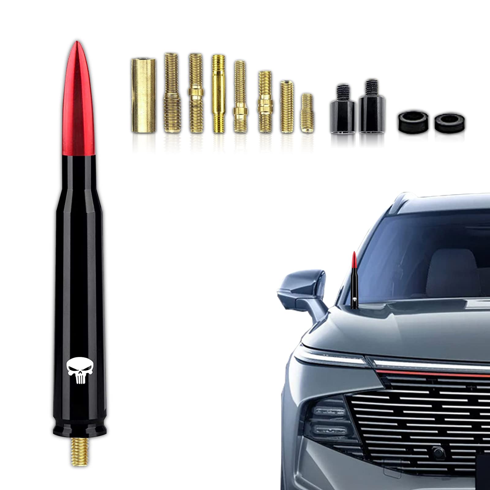 QODOLSI Pack-1 Car Bullet Antenna, Skull Pattern Antenna Mast, Fit for Chevy Silverado 1500 2500 3500 HD Avalanche GMC Sierra 1500 2500 3500 Denali Heavy Duty Pickup Trucks Accessories (Red)