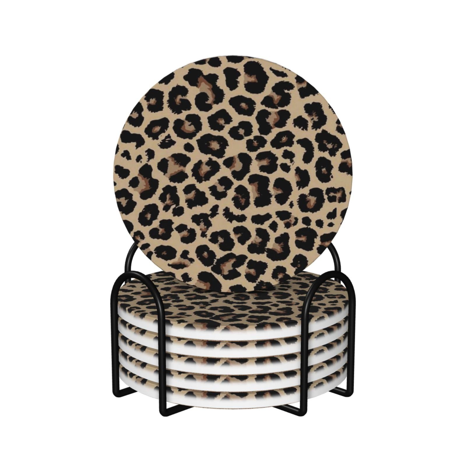 Yxdvpalne As Picture Leopard Leopard Print,Round Ceramic Coasters, Mugs Pad, Cups Mat Set Of 6 Drinks Coasters With Holder