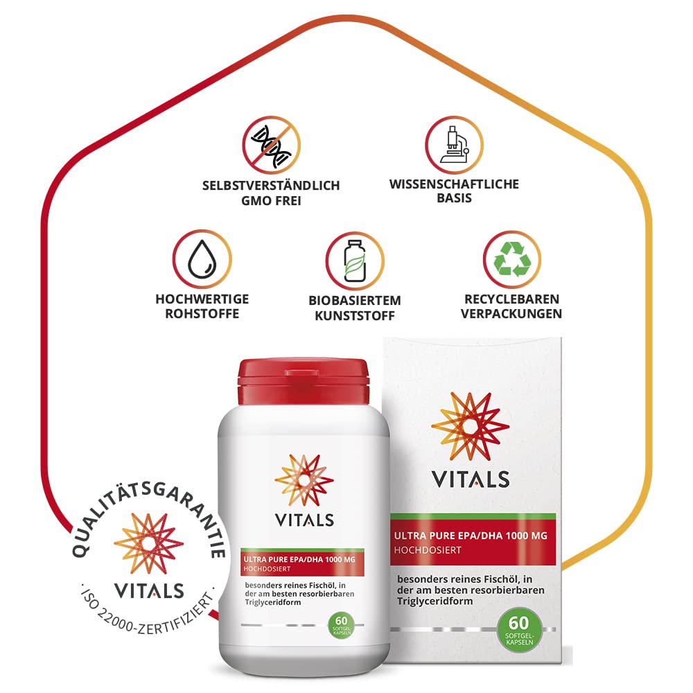 Vitals - Ultra Pure EPA/DHA 1000mg 60 gélules de softgel.Hautement dosé avec 570mg d'EPA et 430mg de DHA par gélule de softgel.Oméga 3 pur très bien absorbable sans additifs inutiles.