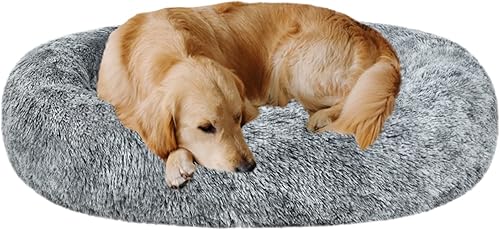 Coohom - Cama ovalada afelpada de piel sintética tipo dona pcalmar perros y gatos, lavable, con almohada pmascotas (303643 pulgadas) pperros