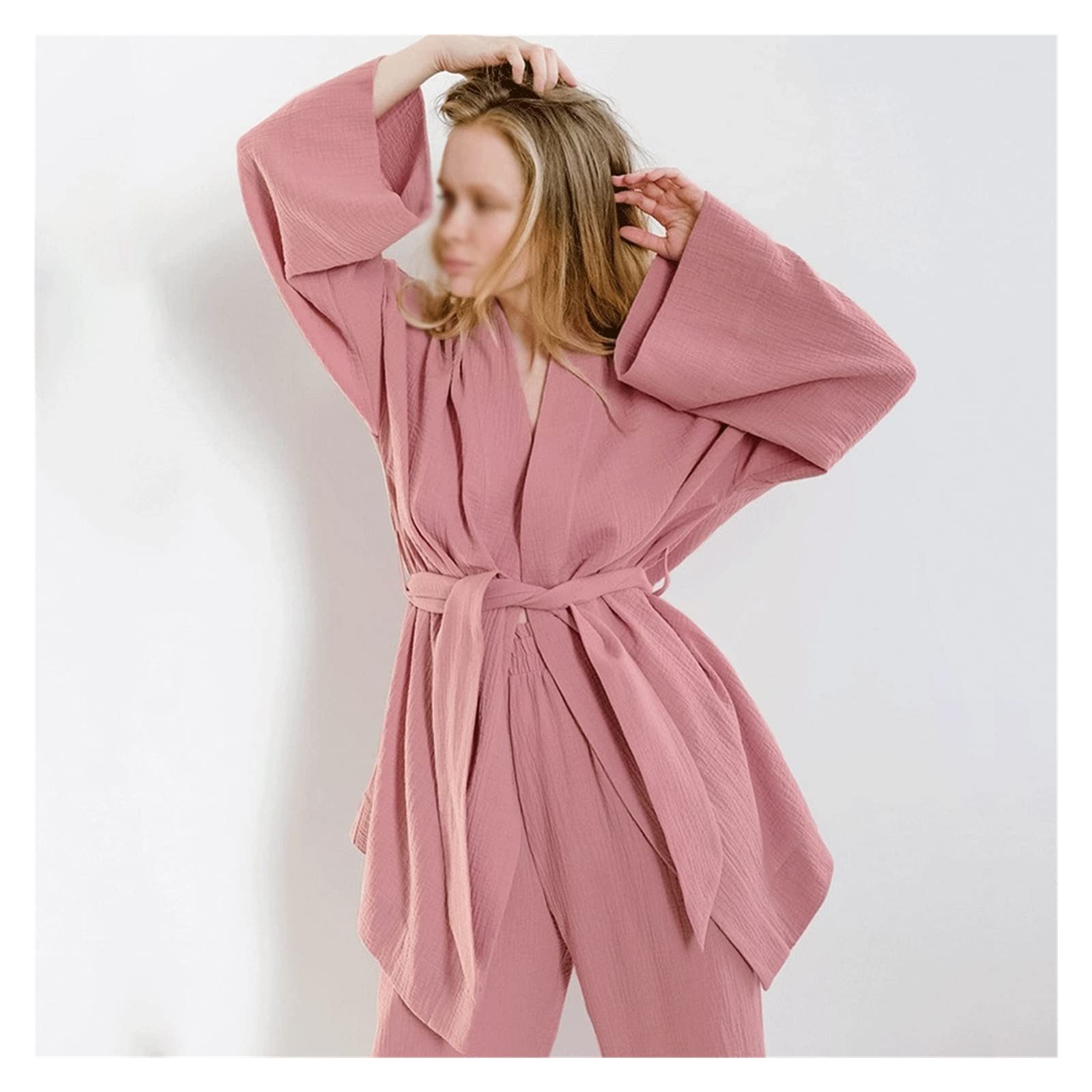 WZHZJ OrbeLong-sleeved Loose Pants Crepe Women's Nightgown V-neck Pajamas Home Absnt Sweatshirt Women (Color : C, Size : Mcode)