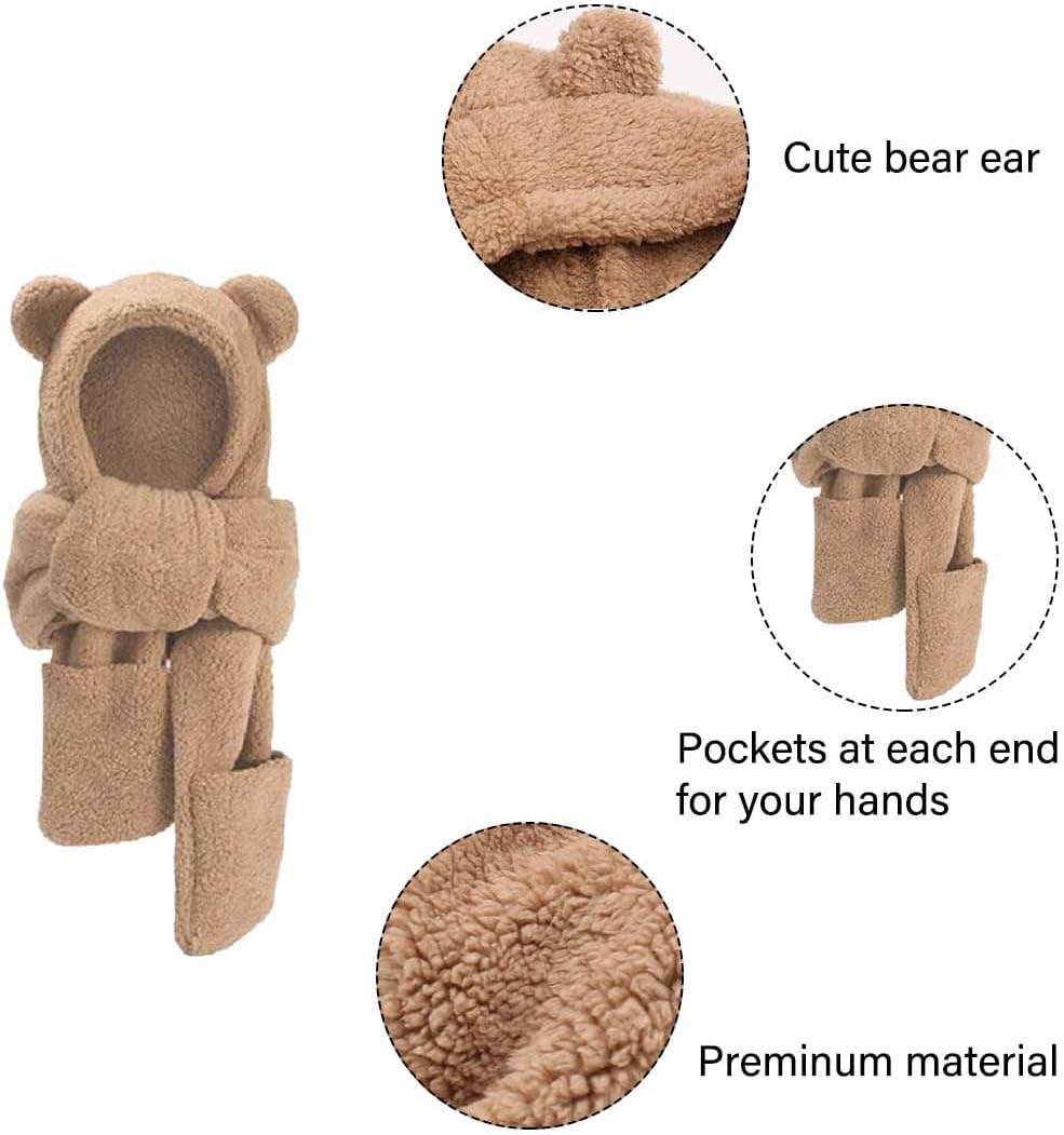 AIYUENCICI Winter Hoodie Hat Scarf Gloves Set, 3 in 1 Warm Plush Coral Fleece Animal Hats, Cute Ear Beanie Caps Stylish Thick Slouchy Soft Snow Hat for Women Girl Skiing Christmas Gift(Coffee) - Image 3