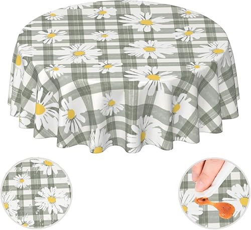 Miniatura 7 de Mantel redondo de primavera y verano con diseño floral de margaritas verde salvia de 60 pulgadas, mantel decorativo para fiestas en el hogar,