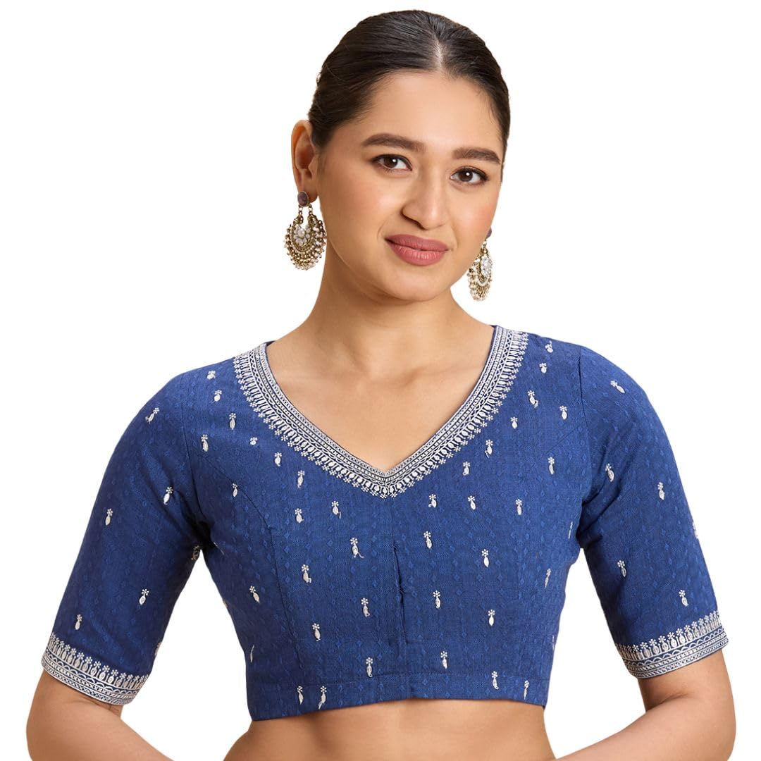 studio shringaar Women's Blue Handloom Cotton Embroidered Saree Blouse-picture-29