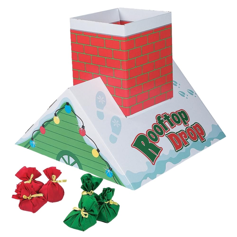 Fun Express Christmas Bean Bag Toss Game for Kids - Holiday Rooftop Chimney Drop Party Game Set with 6 Present Bags | Fun Activities for Family Games,