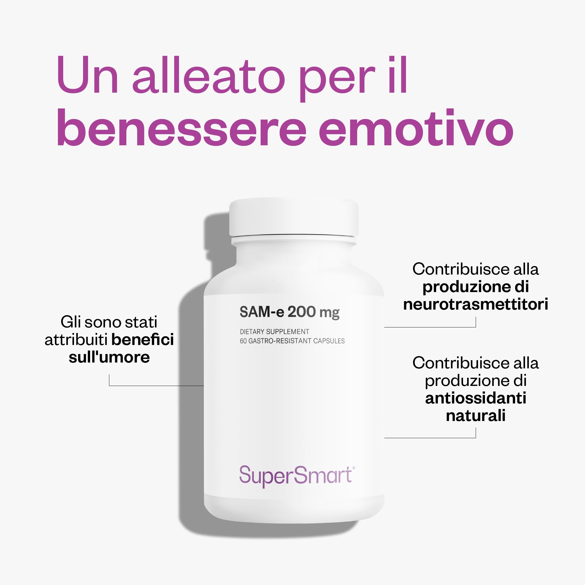 S-adenosil-metionina elementare (SAM-E) 200mg - Senza OGM - SuperSmart | Lotta contro i disturbi dell'umore - Benessere emotivo - Antinfiammatorio - Vegano - Senza glutine