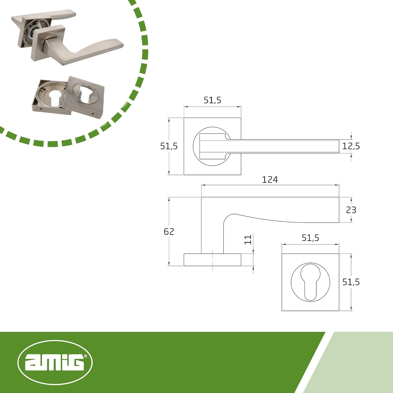 Amig - Set of Door Handles | Tarifa Mod. | 52 x 124 mm | Keyhole | Elegant and Simple Design | Ergonomic Grip Handle | Matte Silver Zamak