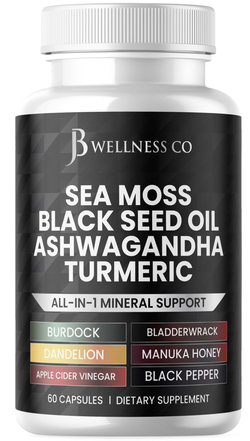 Sea Moss Black Seed Oil Ashwagandha Turmeric Bladderwrack Burdock - with Manuka, Honey Dandelion, ACV Black Pepper Gluten Free - 60 Count 60 Capsules (Pack of 1)