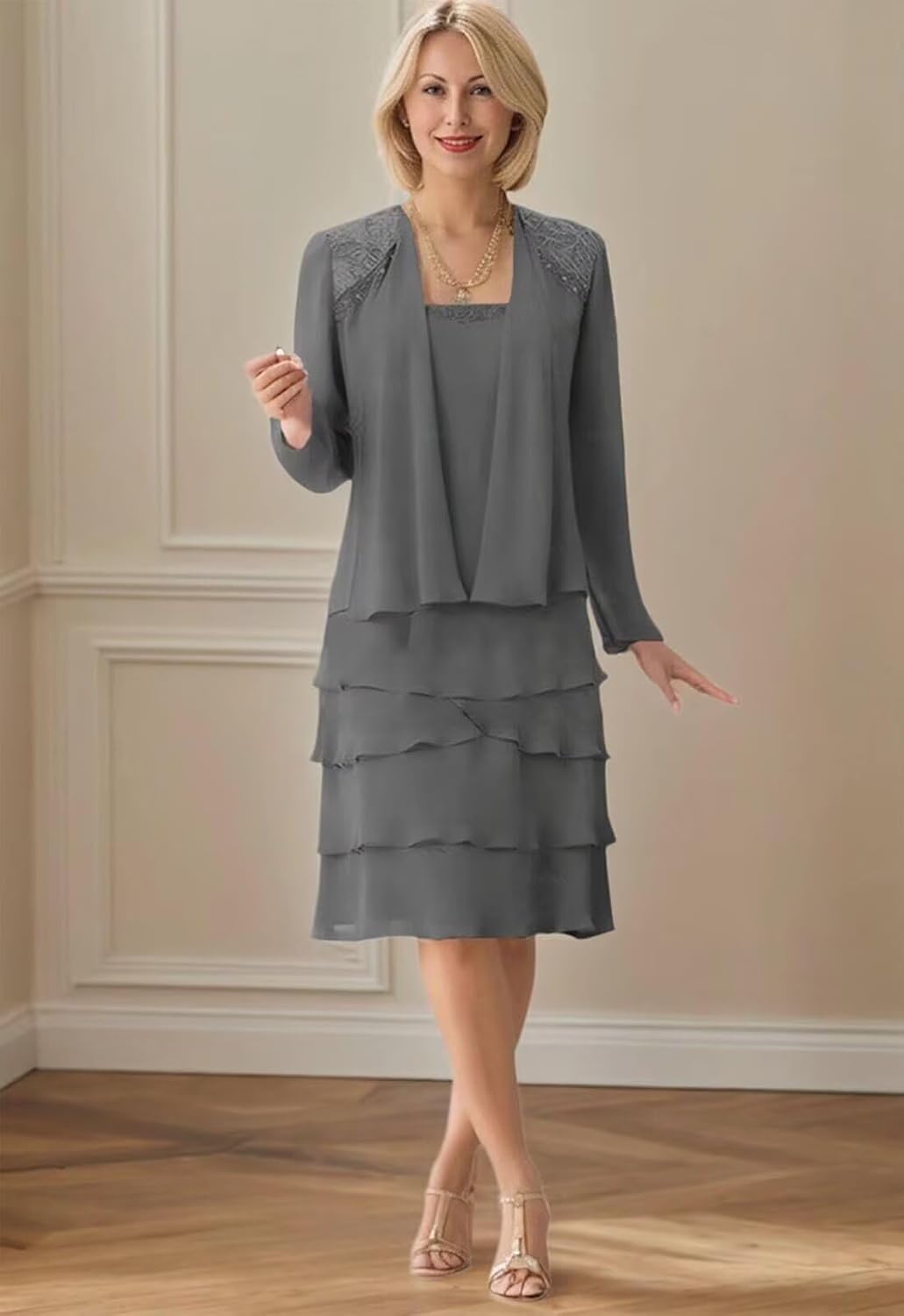 Mother of The Bride Dresses for Wedding Long Sleeve Lace Chiffon Formal Gown with Jacket JH008