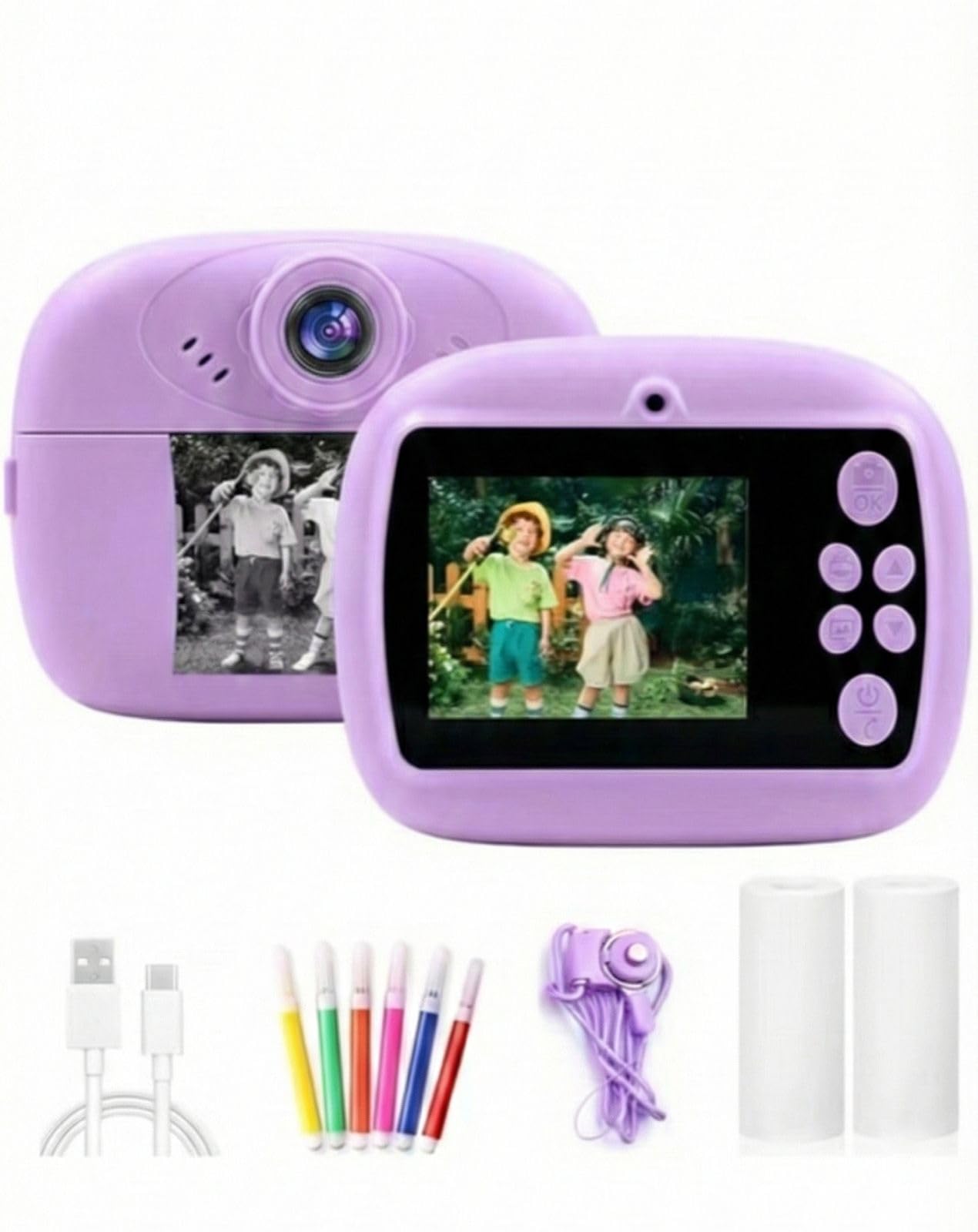 Instant Print Camera for Kids with 1080P HD Video, 48MP Dual Selfie Lens, Bluetooth & App Control, Digital Photo Printer for Boys & Girls, with Games, Camera for Kids with Print - Purple Colour