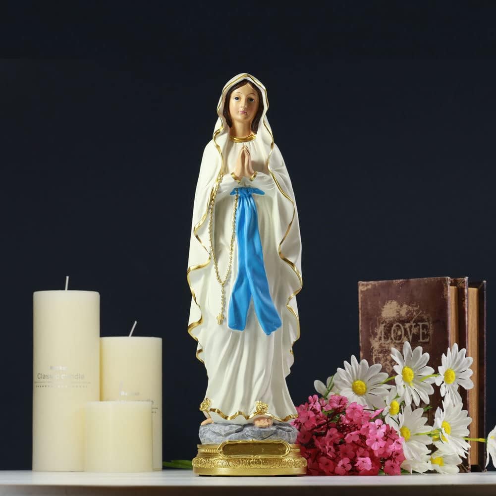 QIANLING Lourdes Virgin Mary Statue, 15.3 Inch Catholic Blessed Mother Figurine, Resin Religious Statue for Home and Church Decor, Catholic Gift for Prayer and Indoor Display