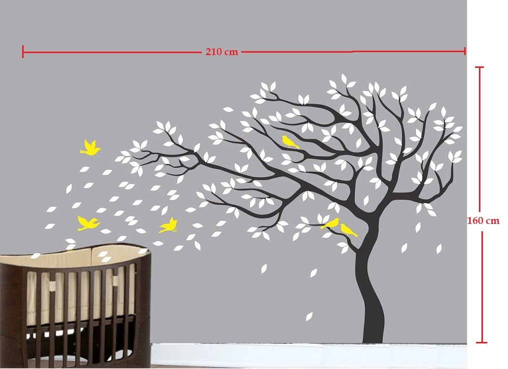 Asmi Collection Big Beautiful Black Tree White Leaves Yellow Birds PVC Vinyl Wall Stickers