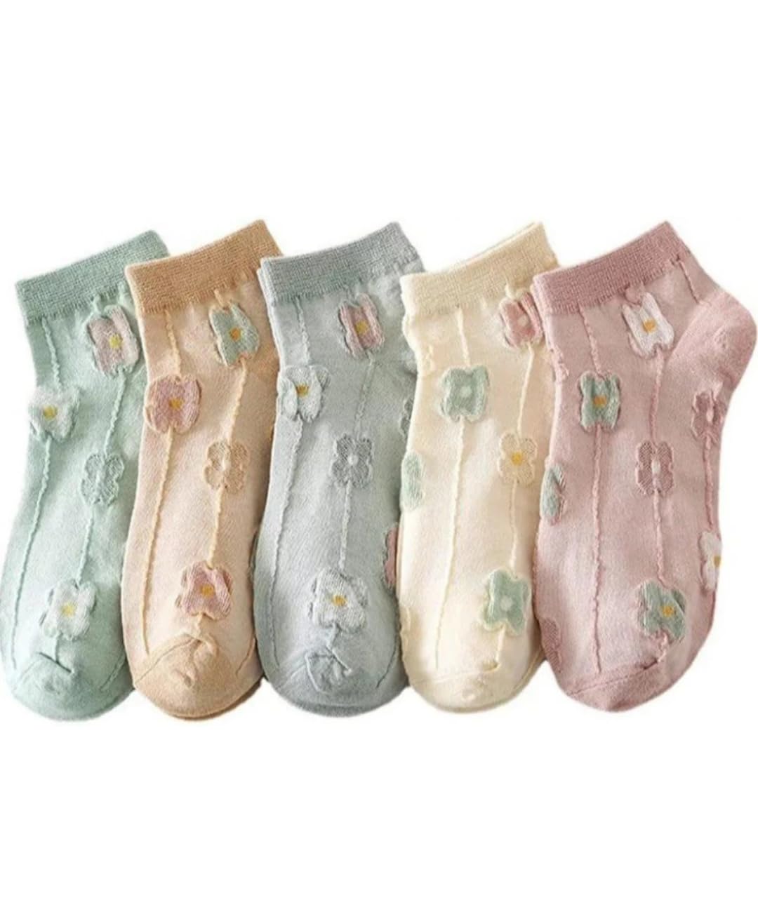 Floral Pattern Ankle Socks for Women, Cotton Blend, Pastel Colours, Pack of 5 Pairs-image-38