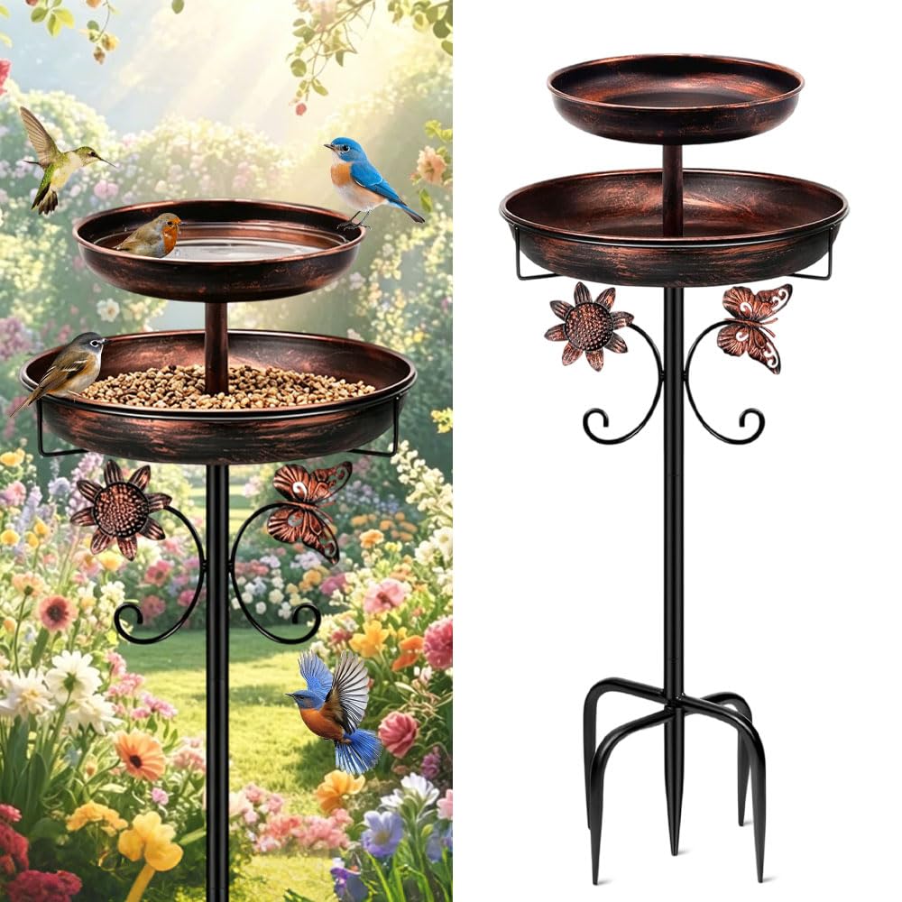115cm Vogeltränke Stehend, Vogelbad für Draußen Garten, 2 In 1 Wassertränke für Vögel, Vogelbad Garten Stehend mit Stabiler 5-Zinken-Basis für Garten und Rasen, Winterfest Futter Wasserschale