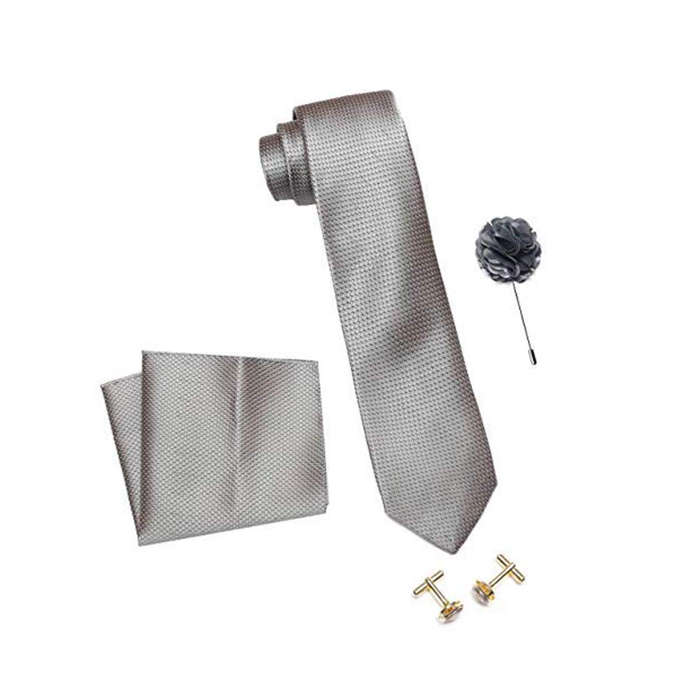 axlon Men's Micro Polyester Dotted Necktie Set with Pocket Square, Brooch Pin and Cufflinks (Grey, Free Size)-picture-42