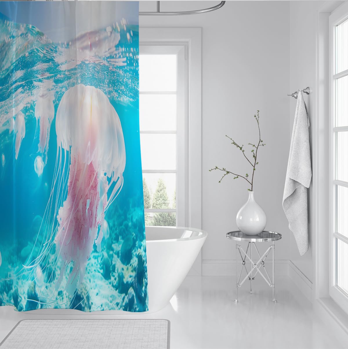 Rosa und weiße Quallen Duschvorhang Meeresleben Ozean-Badezimmerdekoration Wasserdichter Stoff-Badevorhang Schnelltrocknung Polyester mit blauen Haken 150 x 200 cm