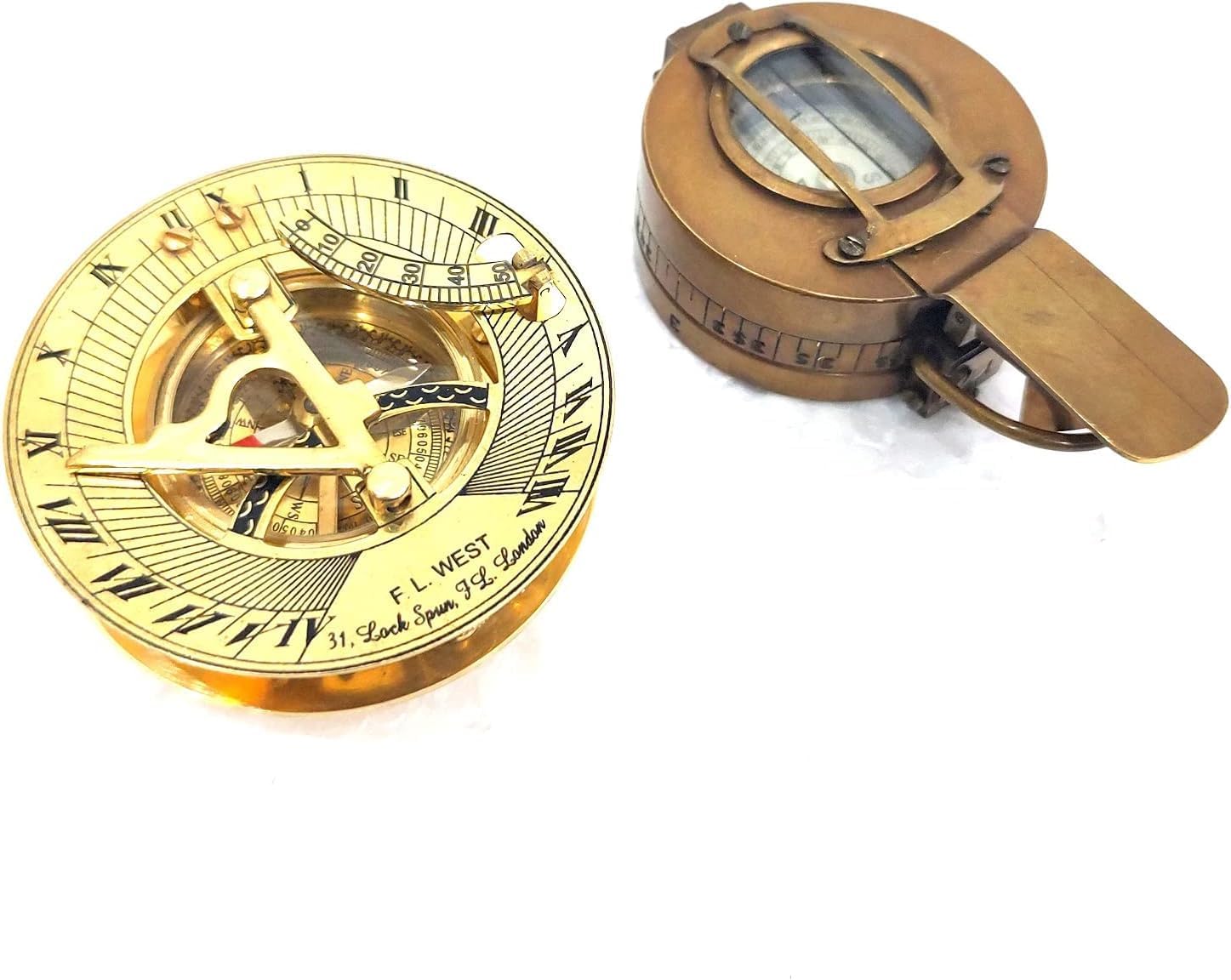 Vintage Brass Sundial Compass, 3 Inch Maritime Nautical Military Style, Antique Brown Finish