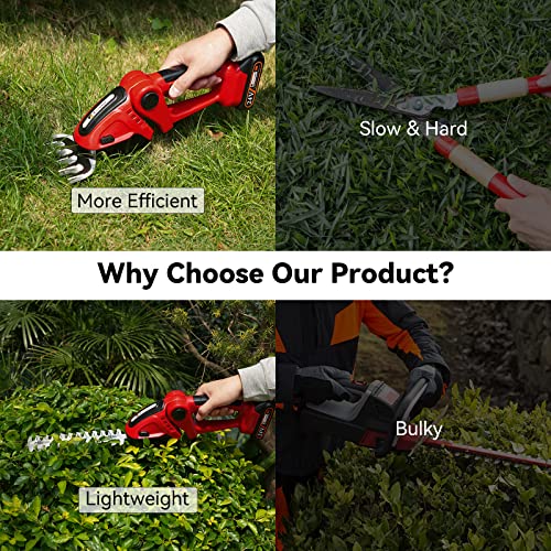 Hedge Trimmer Cordless, Toovem 2 In 1 Handheld Cordless Grass Shear With 2 Pcs Rechargeable Batterys And Charger, 24V Electric Weed Grass Cutter Shrubbery Trimmer For Garden, Lawn (Red) #TOP5