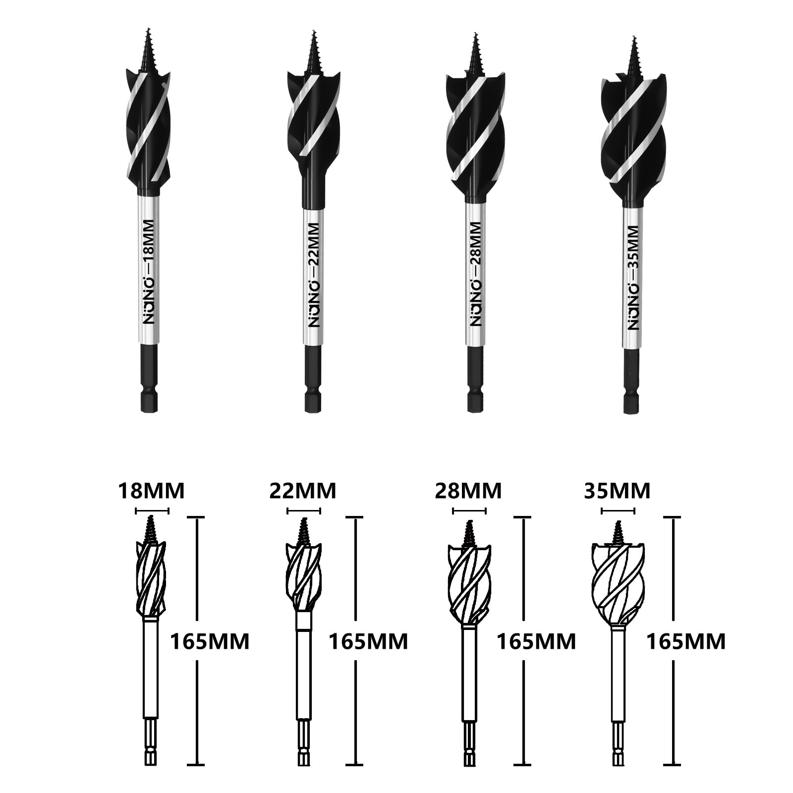 Temolink 4 Piece Wood Drill Bit Set 18/22/28/35 mm, 4-Cutting Design, Hex Shank - Image 2