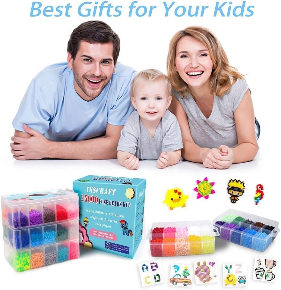 25,000 pcs Fuse Beads Kit 26 Colors 5MM, Including 127 Patterns, 4 Big Square, 1 Heart Pegboards, 1 Flower Ironing Paper, Tweezers, Beads Compatible by INSCRAFT - Image 7